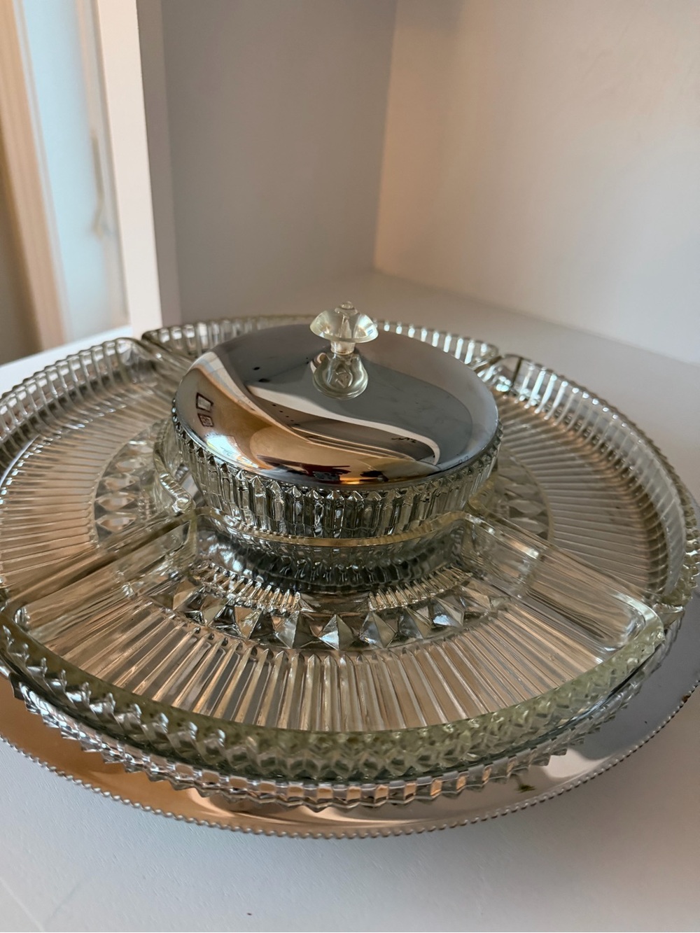 Vintage Kromex Lazy Susan 6 pc Serving Platter Relish Tray with Lid Divided Dish
